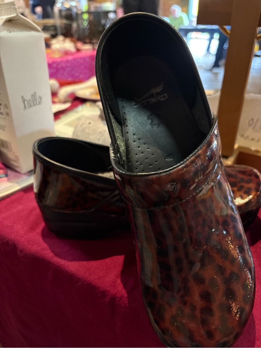 40-Dansko Woman’sLeopard-Print Patent Slip-On Clogs - Brown/Black